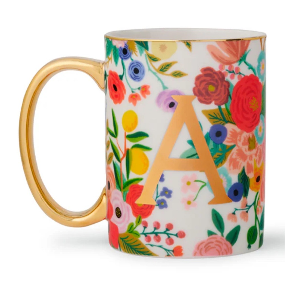 Rifle Paper Co for Anthropologie Floral Mug | Gold Monogram 16 oz ~ New